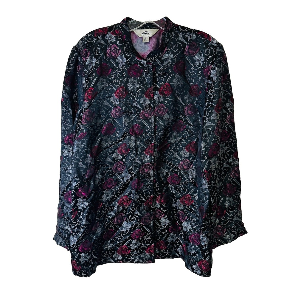 Amy K Su Vintage Black Lightweight Jacket‎ Pink Roses Women's Size L - AKS